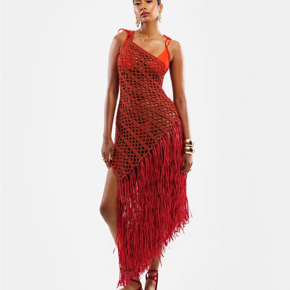 Hanifa Asymmetrical Red Crochet Fringe Dress
